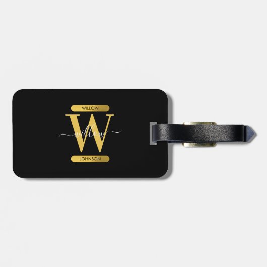 Elegantes Schwarz & Gold Monogram Modernes Skript Gepäckanhänger (Rückseite horizontal)