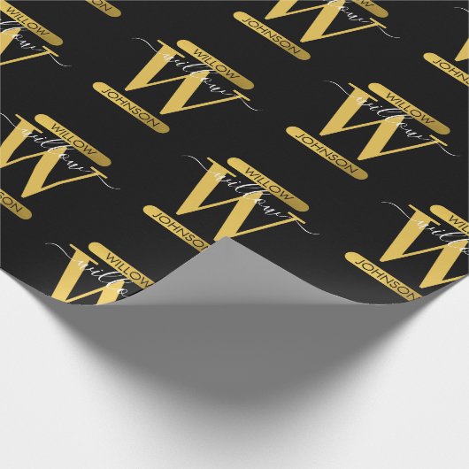 Elegantes Schwarz & Gold Monogram Modernes Skript Geschenkpapier (Ecke)