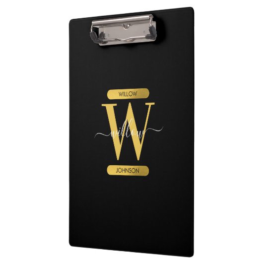 Elegantes Schwarz & Gold Monogram Modernes Skript Klemmbrett (Links)