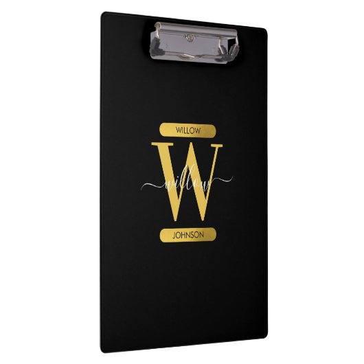 Elegantes Schwarz & Gold Monogram Modernes Skript Klemmbrett (Rechts)