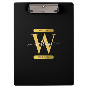 Elegantes Schwarz & Gold Monogram Modernes Skript Klemmbrett