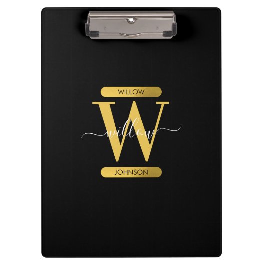 Elegantes Schwarz & Gold Monogram Modernes Skript Klemmbrett (Vorderseite)