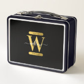 Elegantes Schwarz & Gold Monogram Modernes Skript Metall Brotdose (Vorderseite)
