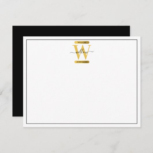 Elegantes Schwarz & Gold Monogram Modernes Skript Mitteilungskarte (Vorne/Hinten)
