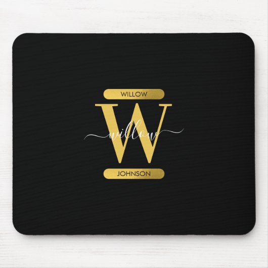 Elegantes Schwarz & Gold Monogram Modernes Skript Mousepad (Vorne)