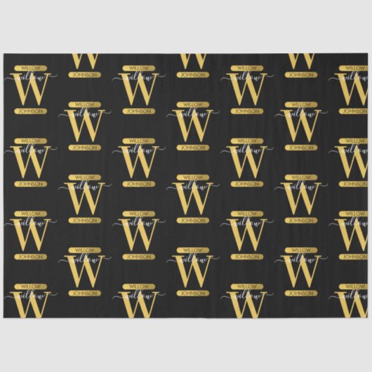 Elegantes Schwarz & Gold Monogram Modernes Skript Seidenpapier (Vorderseite)