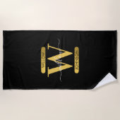 Elegantes Schwarz & Gold Monogram Modernes Skript Strandtuch (Vorderseite)