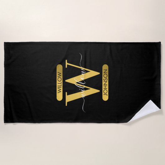 Elegantes Schwarz & Gold Monogram Modernes Skript Strandtuch (Vorderseite)