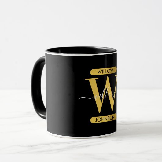 Elegantes Schwarz & Gold Monogram Modernes Skript Tasse (Vorderseite Links)