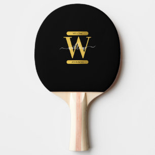 Elegantes Schwarz & Gold Monogram Modernes Skript Tischtennis Schläger