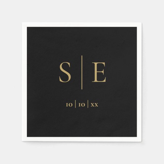 Elegantes Schwarz-Gold-Monogramm-Datum Minimalisti Serviette (Vorderseite)