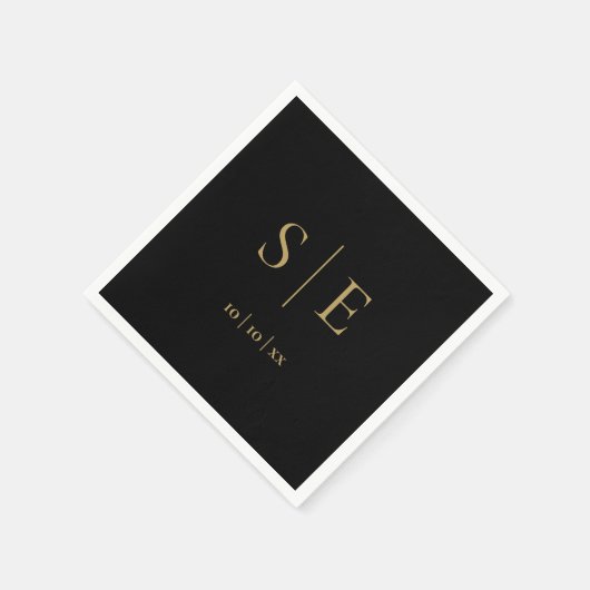 Elegantes Schwarz-Gold-Monogramm-Datum Minimalisti Serviette (Ecke)