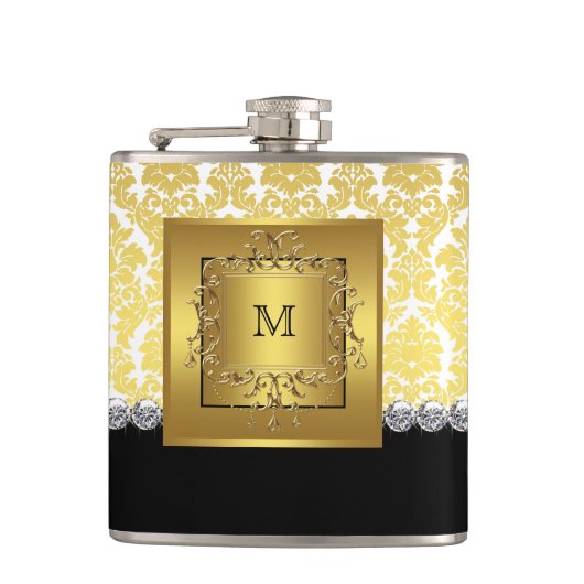 Elegantes Schwarz-Gold Monogramm Flachmann (Vorderseite)