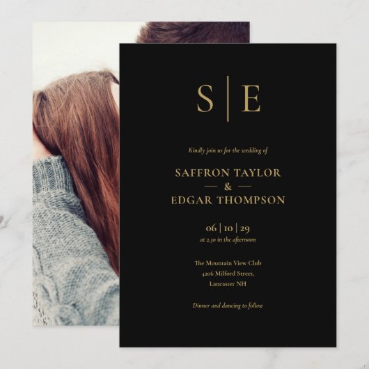 Elegantes Schwarz-Gold Monogramm-Foto Hochzeit Einladung (Vorne/Hinten)