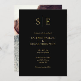 Elegantes Schwarz-Gold Monogramm-Foto Hochzeit Einladung