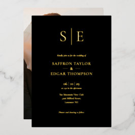Elegantes Schwarz-Gold Monogramm-Foto Hochzeit Folieneinladung
