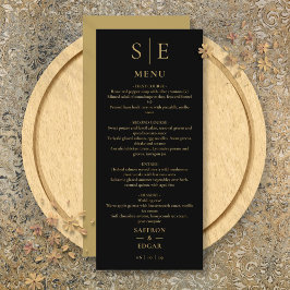 Elegantes Schwarz-Gold-Monogramm-Hochzeitsessen Menükarte