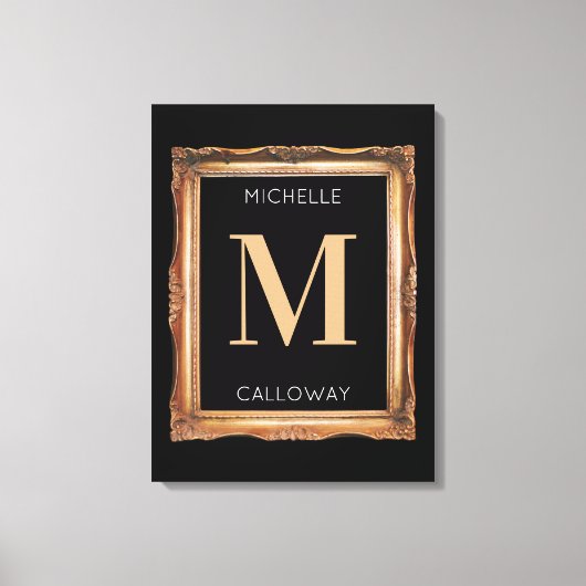 Elegantes Schwarz & Gold Monogramm Leinwanddruck (Vorderseite)