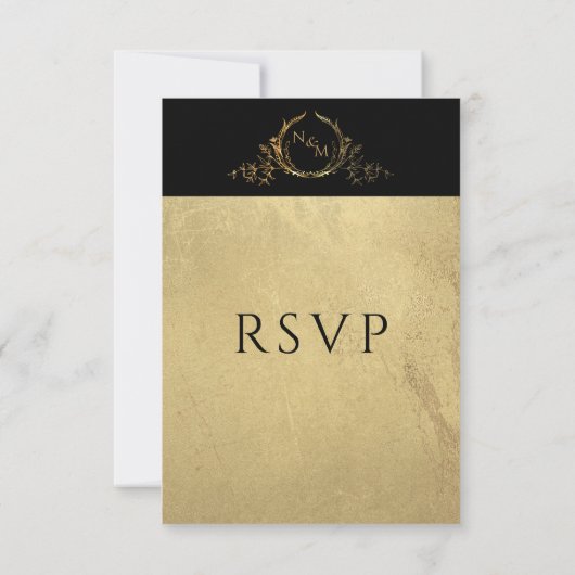 Elegantes Schwarz-Gold Monogramm mit/ohne Mahlzeit RSVP Karte (Rückseite)