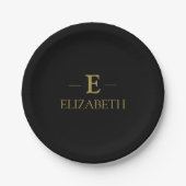 Elegantes Schwarz-Gold-Monogramm-Papier Pappteller (Vorderseite)