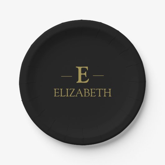 Elegantes Schwarz-Gold-Monogramm-Papier Pappteller (Vorderseite)