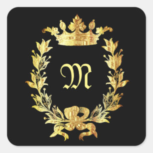 Elegantes Schwarz-Gold-Monogramm Quadratischer Aufkleber