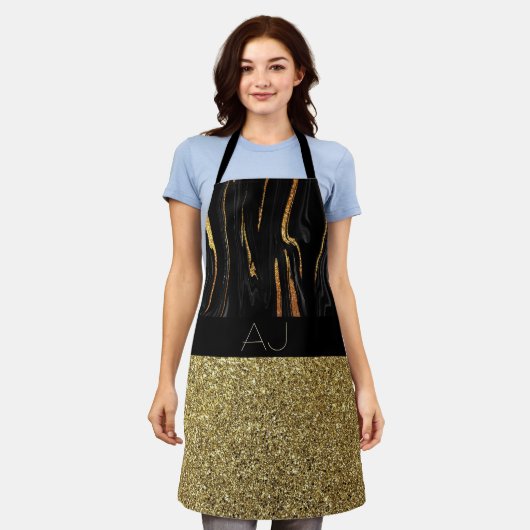 Elegantes Schwarz-Gold Monogramm Schürze (Getragen)