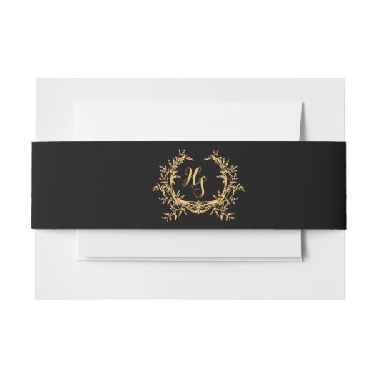 Elegantes Schwarz/Gold Monogramm Wappen Hochzeit Einladungsbanderole (Vorderseite Beispiel)