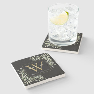 Elegantes Schwarz-Gold-Monogramm-Wasserfarbe-Grün Steinuntersetzer