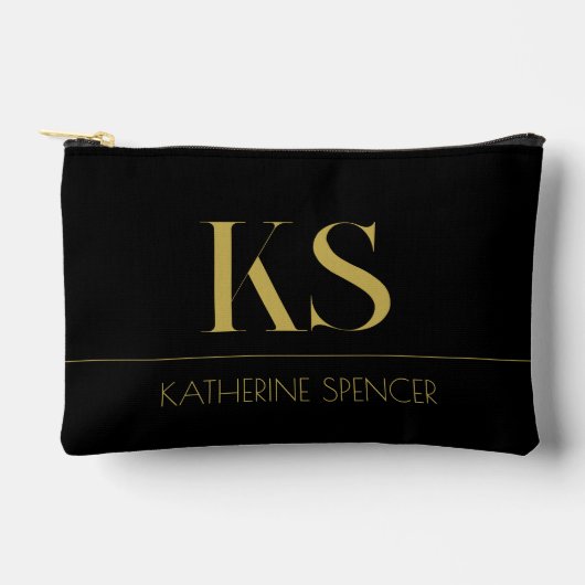 Elegantes Schwarz-Gold Monogramm Zubehörtasche (Vorderseite)