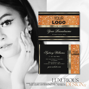 Elegantes Schwarz-Gold-Orange-Sparkle-Glitzer-Logo Visitenkarte