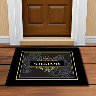 Elegantes Schwarz-Gold-Paisley-Monogramm Fußmatte