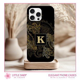 Elegantes Schwarz-Gold-Paisleymuster-Monogramm iPhone 16 Hülle