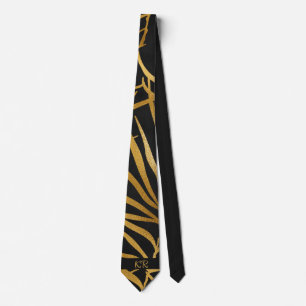 Elegantes Schwarz-Gold-Palmenblatt-Muster-Initiale Krawatte