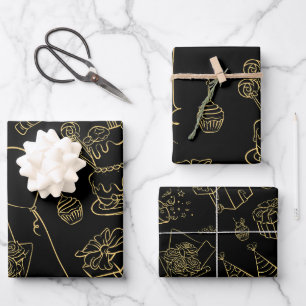 Elegantes Schwarz-Gold-Party Geschenkpapier Set
