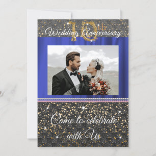 Elegantes Schwarz Gold & Perlen 10. Hochzeitstag Einladung