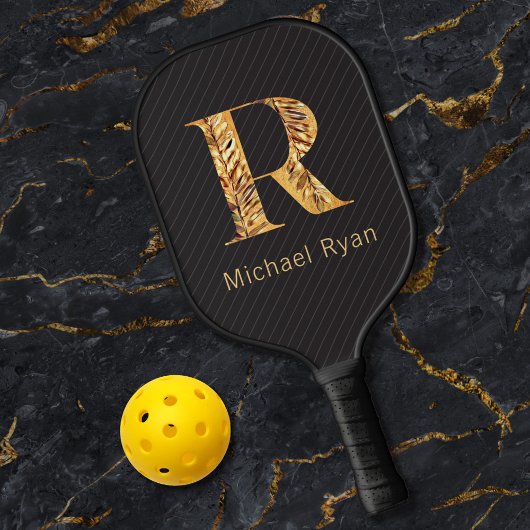 Elegantes Schwarz-Gold-Personalisiertes Monogramm Pickleball Schläger