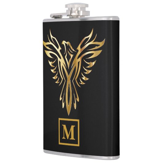 Elegantes Schwarz-Gold-Phoenix-Rising-Monogramm Flachmann (Links)