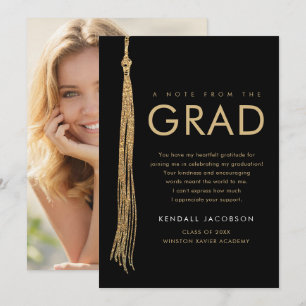 Elegantes Schwarz & Gold Quaste Abschlussfoto Dankeskarte