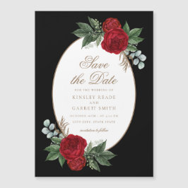 Elegantes Schwarz-Gold-Rot-Blüten Save the Date Magneteinladung