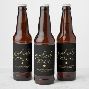 Elegantes Schwarz-Gold-Schrift-Absolventen-Abschlu Bierflaschenetikett