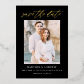 Elegantes Schwarz-Gold-Script-Foto Save the Date Folieneinladung (Vorderseite)