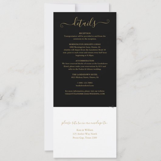 Elegantes Schwarz-Gold-Script in einer Hochzeit Einladung (Rückseite)