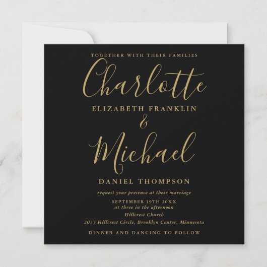 Elegantes Schwarz-Gold-Script in einer Hochzeit Einladung (Vorderseite)