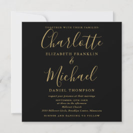 Elegantes Schwarz-Gold-Script in einer Hochzeit Einladung