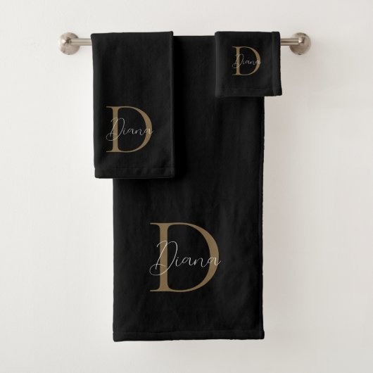 Elegantes Schwarz-Gold-Script-Monogramm Badhandtuch Set (Insitu)