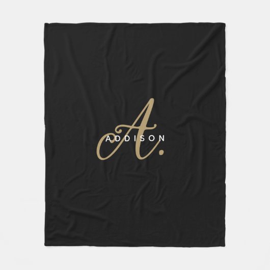 Elegantes Schwarz-Gold-Script-Monogramm Fleecedecke (Vorderseite)