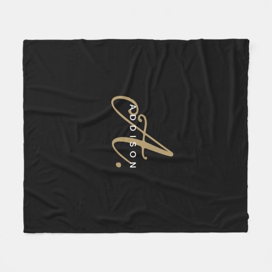 Elegantes Schwarz-Gold-Script-Monogramm Fleecedecke (Vorderseite (Horizontal))