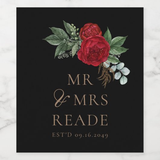 Elegantes Schwarz & Gold Script Rote Blüte Weinetikett (Einzelnes Label)