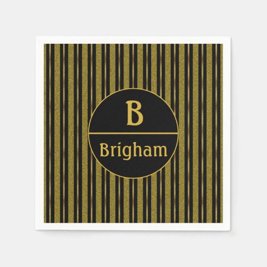 Elegantes Schwarz-Gold-Streifen-Split-Monogramm Serviette (Vorderseite)